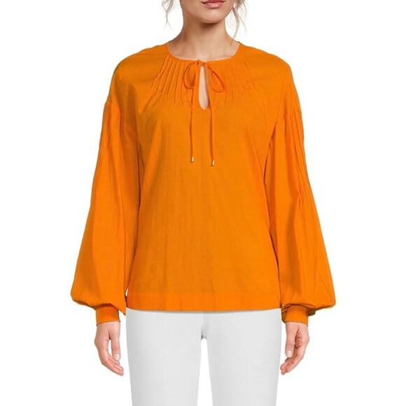Trina Turk Cape Coral Split V Tie Neck Top Cotton Blouse XS, Orange | NEW $248 - Picture 2 of 5